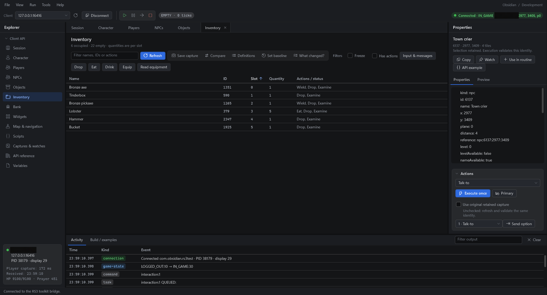 The toolkit inventory inspector showing items, quantities, and supported item actions.