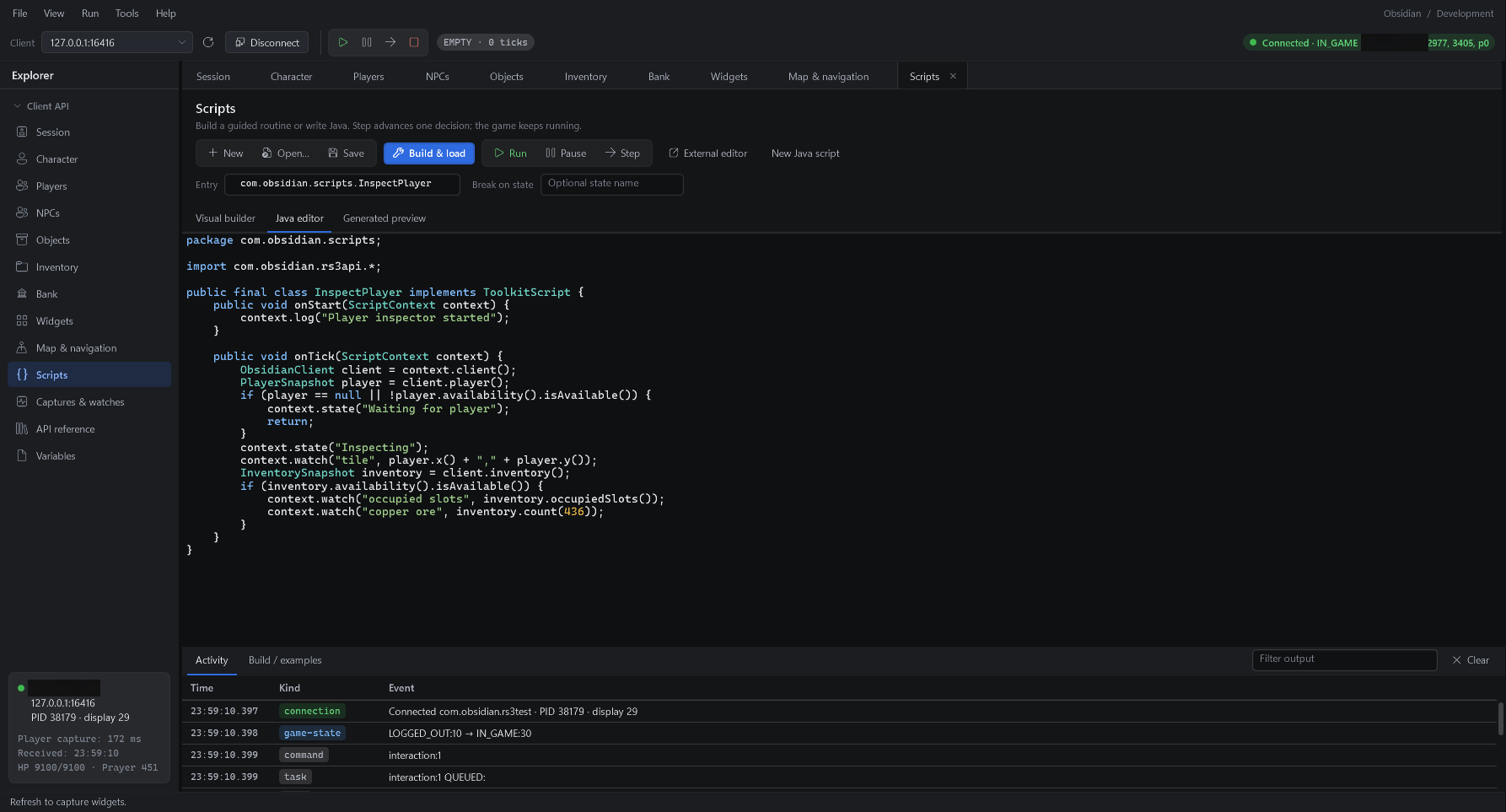 The toolkit Java editor with an InspectPlayer script and build and execution controls.