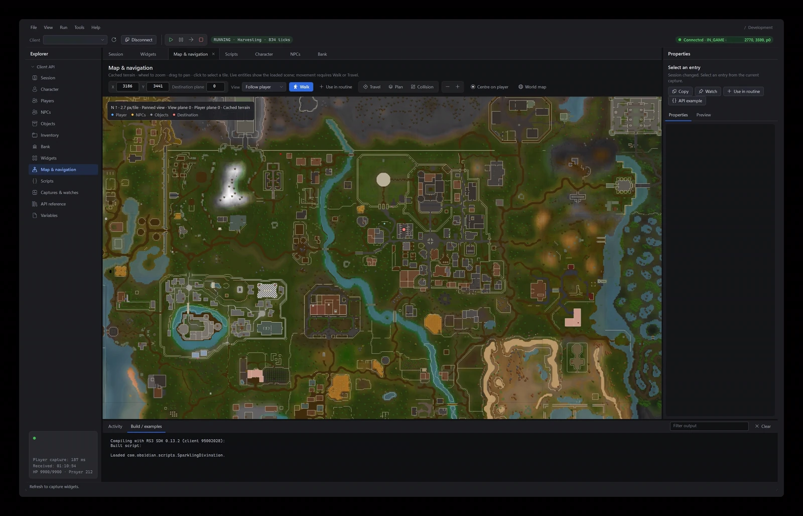 The full developer toolkit with its detailed game map, navigation controls, explorer, properties pane, and script build output. Original redactions are preserved.