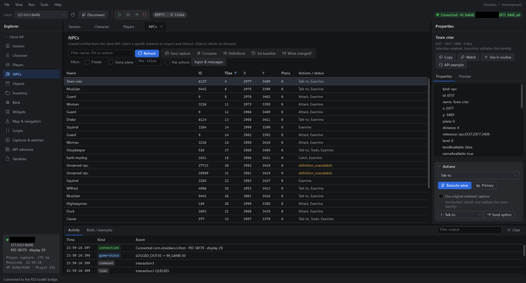 The toolkit NPC inspector listing nearby entities and the selected Town crier’s properties and actions.