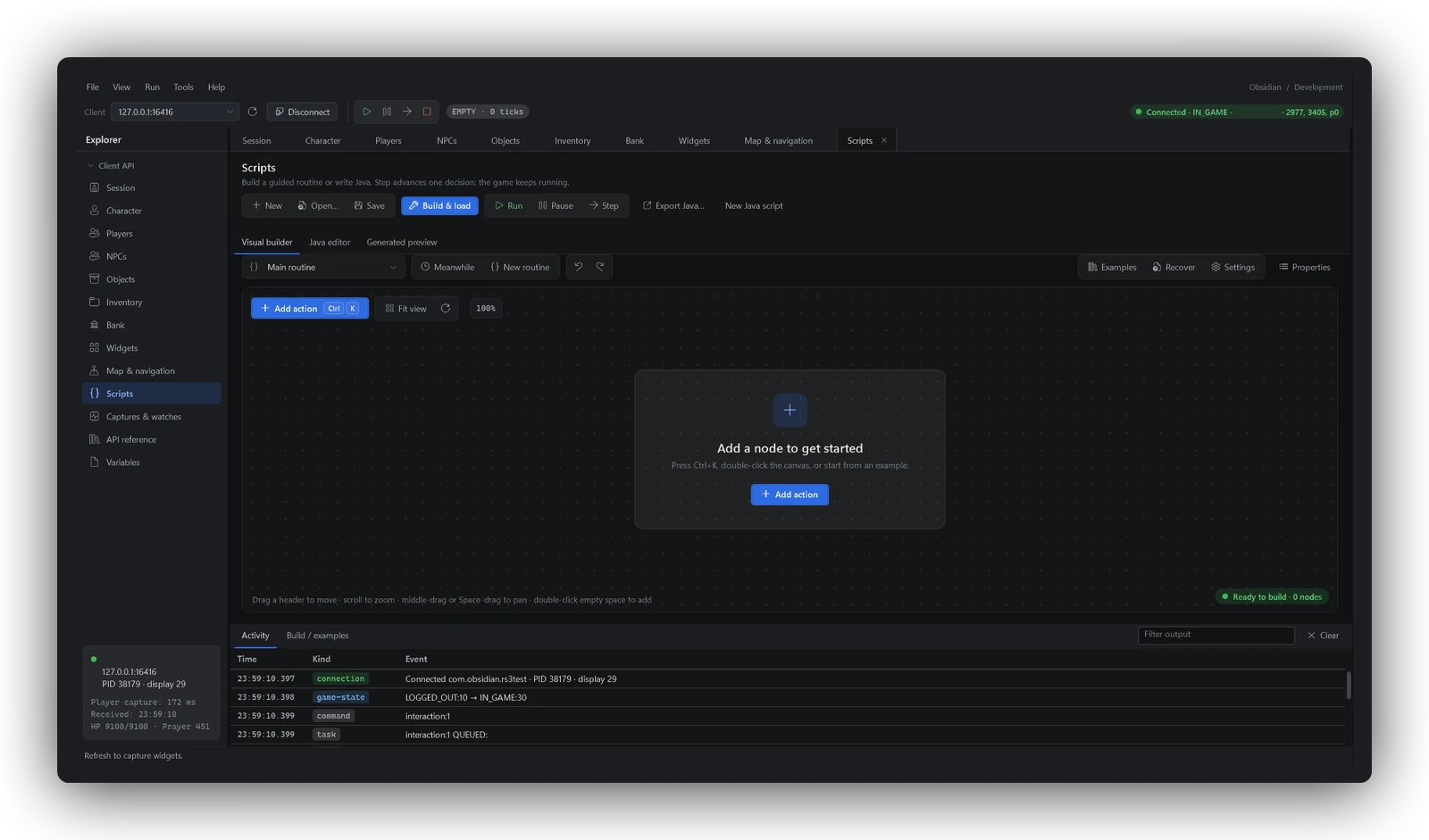 The desktop toolbox with its visual script builder in the empty starting state, game explorers, build controls, and activity log.